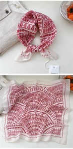 Detailed views showing the red ethnic pattern and soft cotton texture of the square scarf