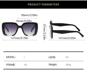 Detailed size specifications for square frame sunglasses with gradient purple lenses