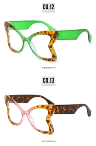 Detail view of leopard print butterfly sunglasses in green and pink temple options