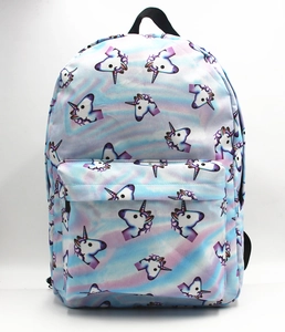 Vista frontale dello zaino con stampa unicorno 3D, motivi tie-dye e tasca con zip frontale