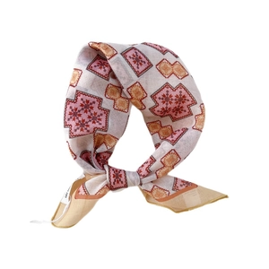 Pink and orange geometric cotton linen square scarf with knotted drape for women