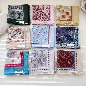 9-piece set of floral cotton linen square scarves with various bohemian print patterns