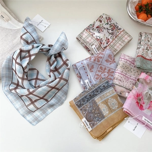 Floral cotton linen square neck scarf collection with soft vintage prints and fringe edge