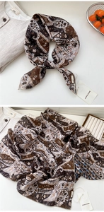 Detailed paisley print on vintage tan cotton linen neck scarf with subtle fold texture