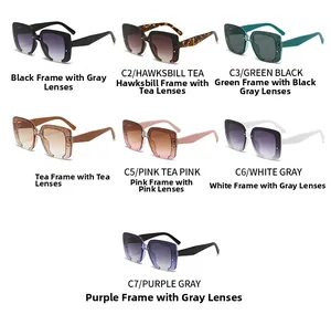 Group display of seven square glitter sunglasses in various colors and gradient lenses