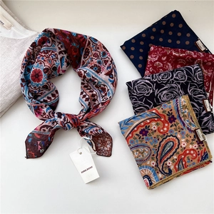 Vintage Paisley Polka Dot Square Scarf French Retro Floral Print Satin Like Neck Bandana Headscarf For Women