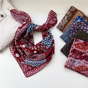 French retro paisley floral linen silk scarf set with various patterns for women