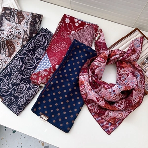 French vintage cotton linen square scarf with paisley and floral prints for women