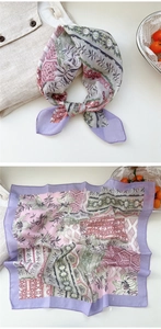 Close-up of floral cotton linen square scarf with purple border and vintage pattern print