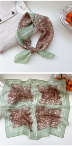 Styling detail of green paisley linen-silk scarf tied on linen shirt and flat layout