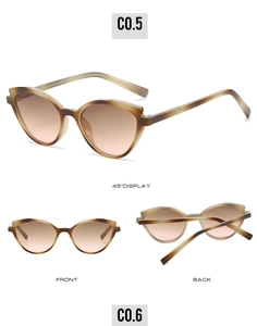 Three-view display of cat-eye sunglasses with tortoiseshell frames and gradient lenses