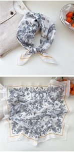 Detail of floral cotton linen square scarf with rose paisley print and yellow hem