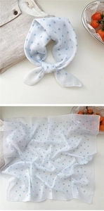 Detailed view of lightweight white floral cotton linen scarf with blue polka dot print