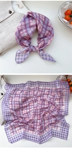 Detail of purple floral plaid square scarf with lace edge and soft cotton linen texture