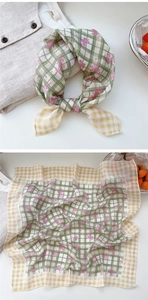 Detail view of floral print cotton linen square scarf with yellow checkered border