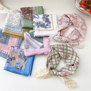 Floral Cotton Blend Small Square Scarf Vintage Paisley Print Sweet French Style Neck Scarf Hair Band For Women