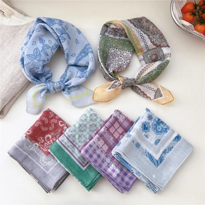 Floral cotton linen square scarves collection in paisley and check patterns