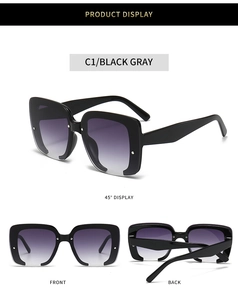 Three-view display of black square sunglasses with gradient lenses and rivet details