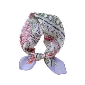 Floral cotton linen scarf for women with vintage patterns and soft purple borders