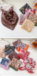 Close-up of retro floral pattern small square cotton scarves with vintage designs