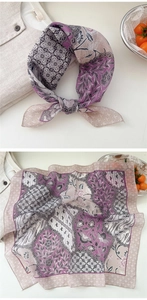 Detail of a purple and taupe cotton-linen square scarf with floral and geometric patterns