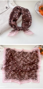 Detailed pattern of brown floral cotton linen scarf with black diamond and pink borders