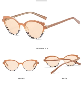 Detailed views of cat-eye sunglasses with TR90 contrast frames and amber lenses