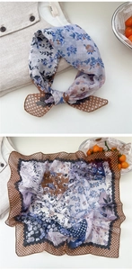 Detail of floral and polka dot patchwork scarf with elegant wavy scalloped edges