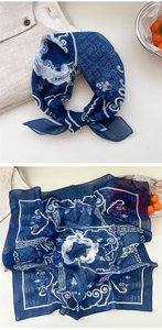 Detail of navy blue floral cotton linen scarf showing classic patterns and stitching