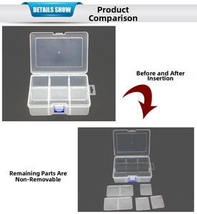 Detailed view of the transparent plastic box with removable dividers and blue latch