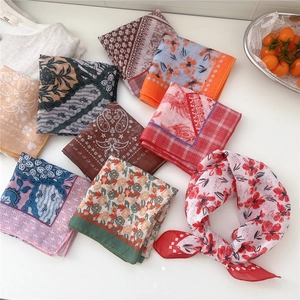 Women's 100% Polyester Printed Square Scarf Vintage Floral Paisley Pattern Breathable Soft Decorative Hair Tie Neck Scarf