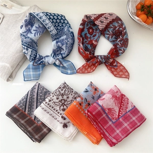 Soft cotton linen neck scarf set with diverse vintage floral and geometric patterns