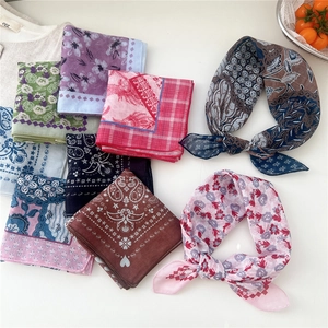 Soft cotton linen square scarf with paisley floral prints for hair and neck styling
