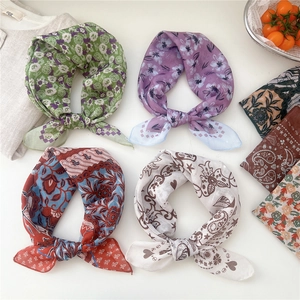 Breathable cotton linen floral small square scarf for women in four various patterns