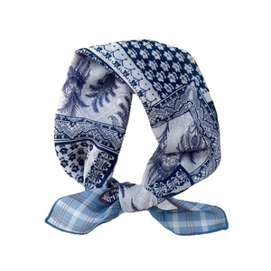 Blue and white bohemian cotton linen square scarf with floral and plaid pattern