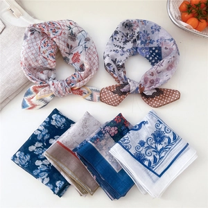 Retro Floral Print Square Scarf Cotton Linen Breathable Bandana Hair Tie Neck Wrap Headscarf For Women Accessories