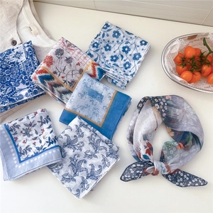 Floral cotton linen square scarf with vintage botanical prints and breathable texture