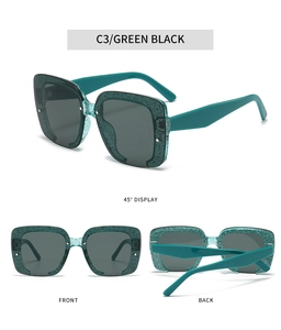Detailed views of square emerald green sunglasses with embedded glitter and grey lenses