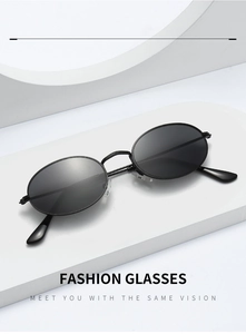 Close-up of retro oval sunglasses with slim black metal frame and adjustable nose pads