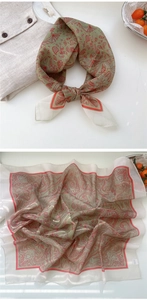 Detailed views showing sage green paisley floral neck scarf tied and laid flat