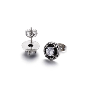 Gothic style titanium steel stud earrings with clear zircon and retro silver hollow patterns