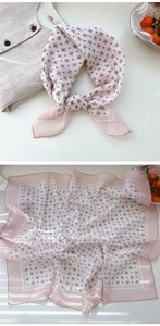 Detail view of pink geometric floral silk scarf shown in both tied style and flat layout