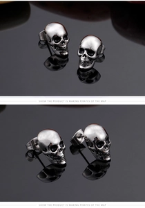 Macro detail of men's skull stud earring in vintage silver titanium steel finish