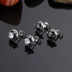 Retro titanium steel stud earrings with white and black zircon on mirror surface