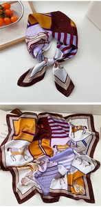 Detailed macro view of an elegant floral silk scarf with equestrian horse print and stripes
