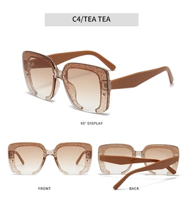 Detail view of square glitter sunglasses in tea gradient lenses from multiple angles