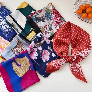 Satin floral print square scarf with vintage patterns for women, multi-color silk feel wrap