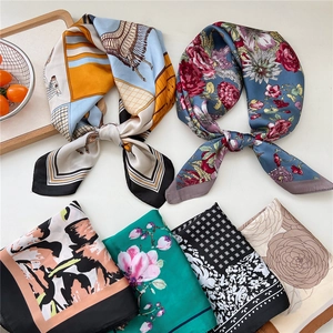 Floral satin hair scarves and printed square neckerchiefs with vibrant patterns