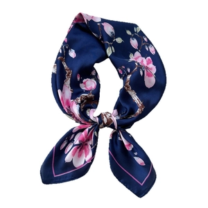Floral navy blue silk scarf for women featuring elegant pink magnolia flower patterns