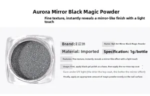 Vue macro de la poudre à ongles miroir noir avec instructions détaillées d'utilisation
